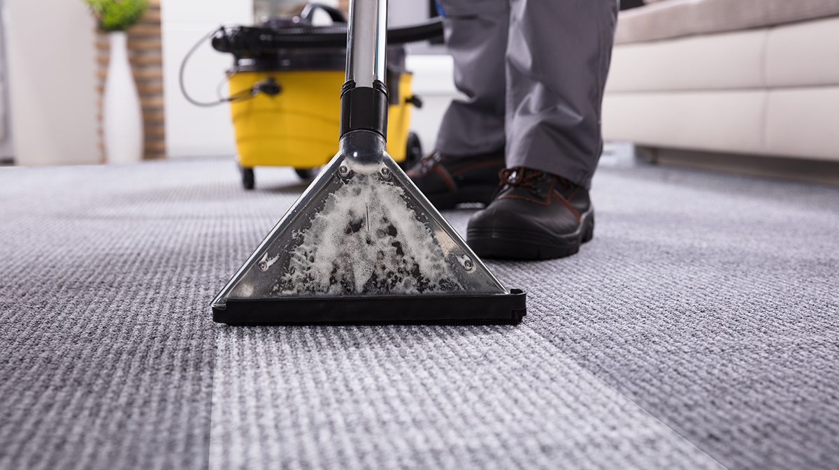 Low Section Of A Person Cleaning The Carpet With Vacuum Cleaner In Living Room