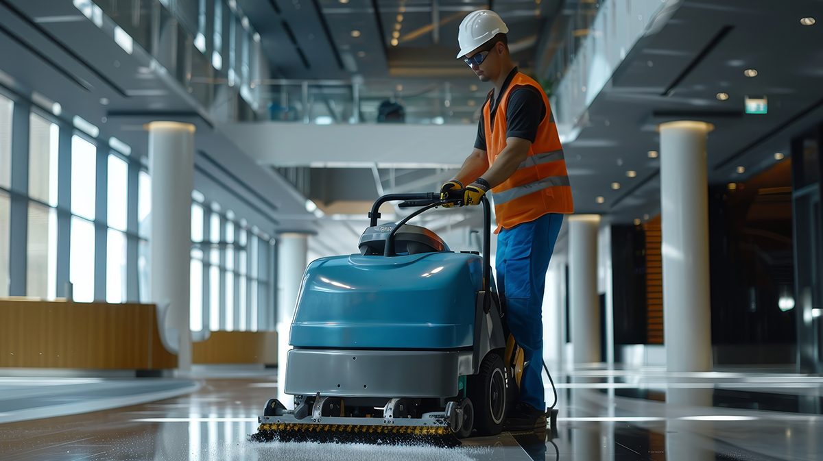 Modern maintenance worker using floor cleaning machine in contemporary office building